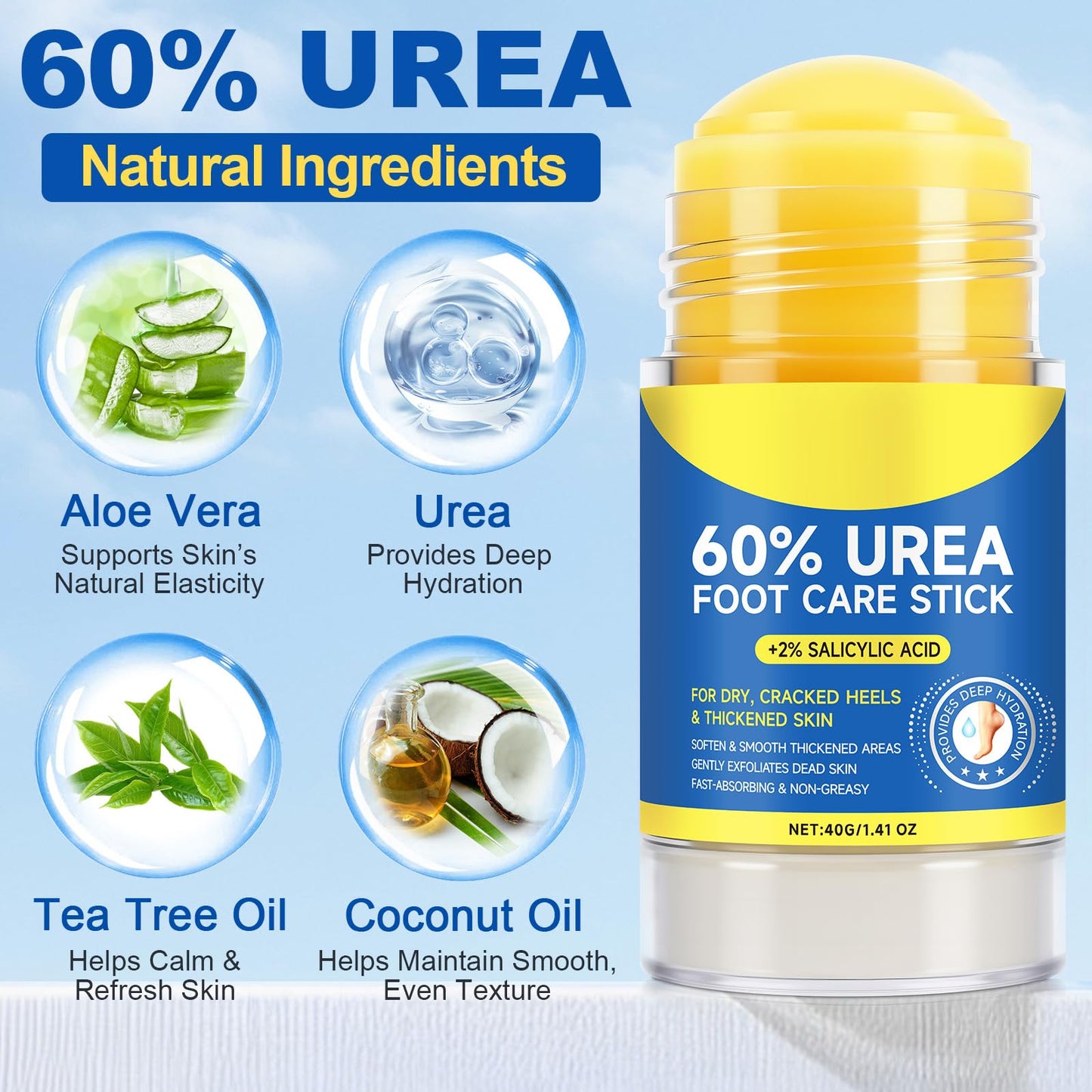 APUUFYQC Urea Cream Stick 60% plus 2% Salicylic Acid, Foot Cream Moisturizer for Dry Cracked Feet, Knees, Elbows, Hands, Moisturizes and Hydrates the Dry Skin, Skin Softener, 1.41 Oz ﻿