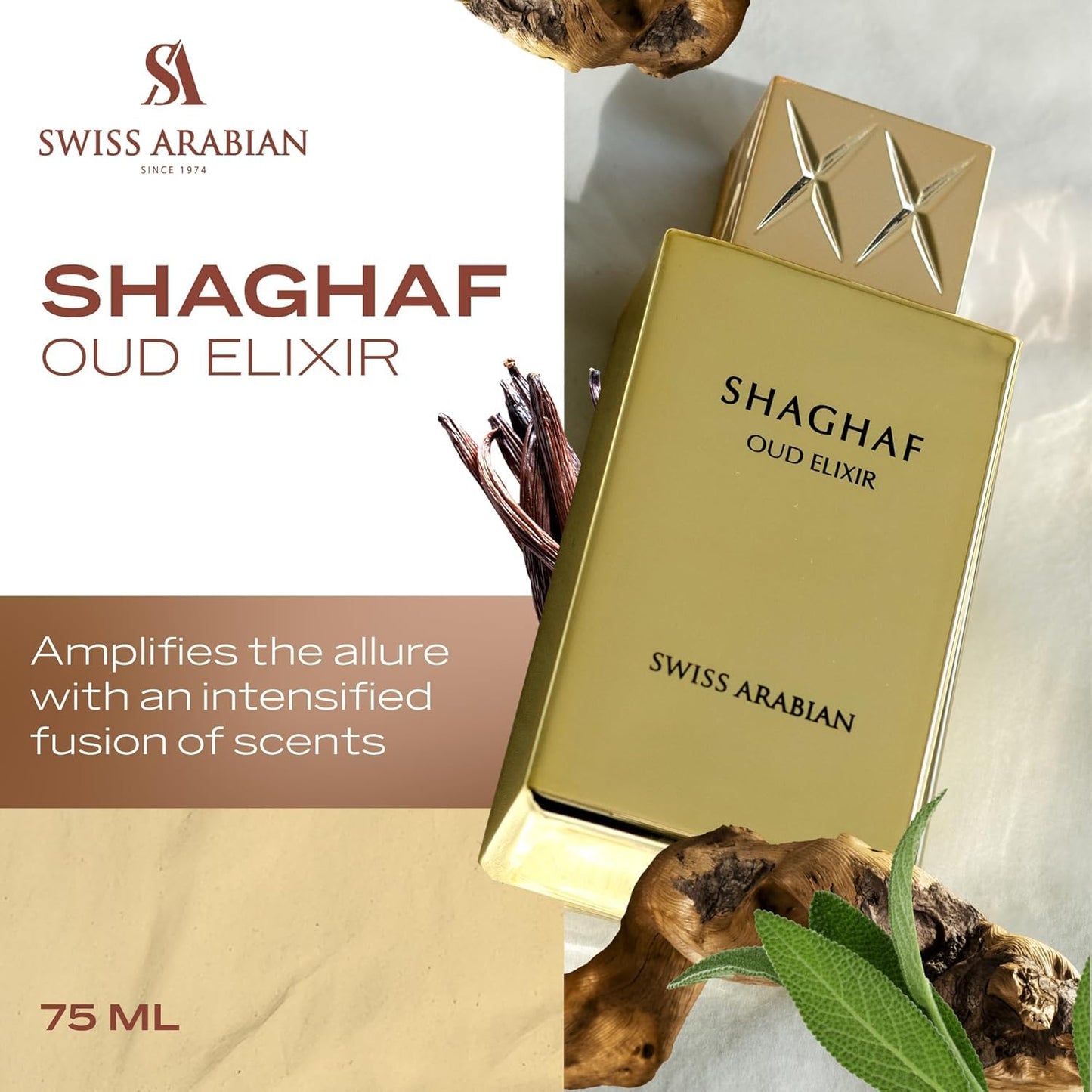 Swiss Arabian Shaghaf Oud Elixir Oud, Gourmand, Amber Fragrance - Notes of Saffron - Perfume for Women and Men - 2.5 oz EDP Spray