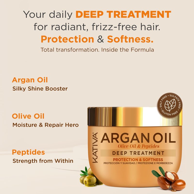 KATIVA Argan Oil Hair Mask 2-Pack (10 oz Each) – Deep Conditioning Treatment with Organic Argan Oil, Olive Oil & Peptides – Hydrating Repair for Dry, Damaged Hair – Sulfate-Free, Vegan