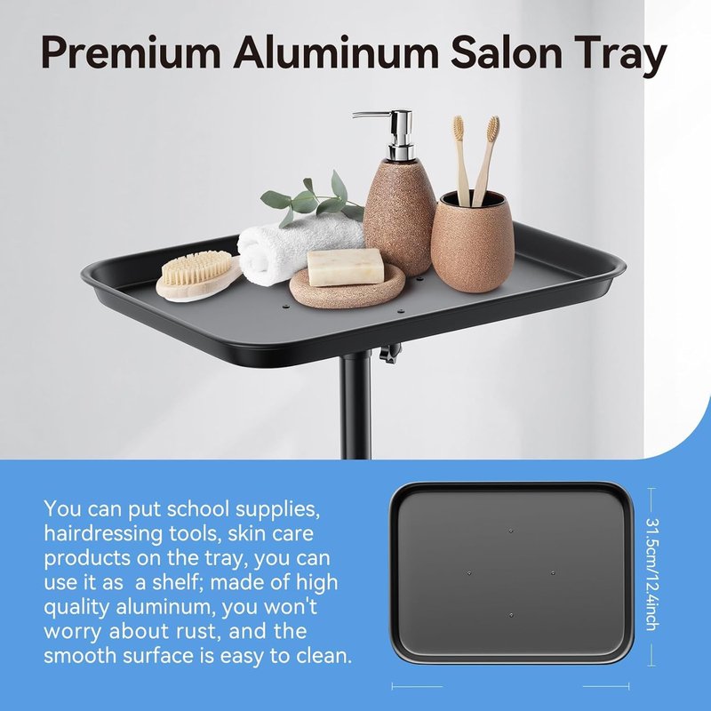 Adjustable Height Salon Rolling Tray Cart - Aluminum Hairstylist Color Tattoo Tray with Wheels | 36 Inch