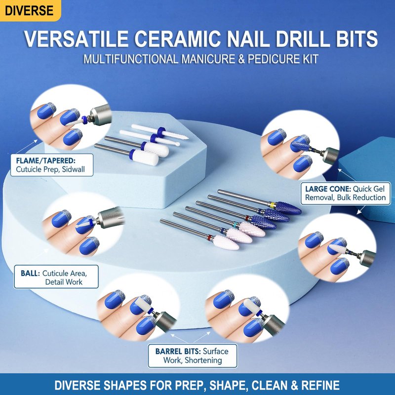 Feecy Nail Drill Bits Set Ceramic for Acrylic Nails Gel Polish Professional, 3/32 Inch Efile Nail Drill Bits Kit for Cuticle Safety Barrel Nail Art Tools with Holder, 10pcs (S10-B)