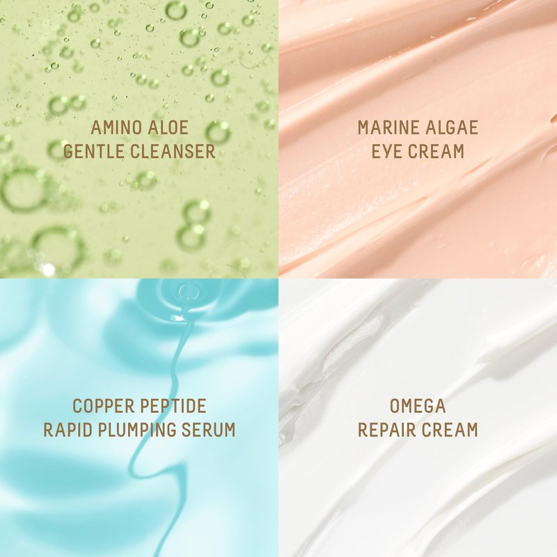 Biossance Plump and Hydrate Skincare Set - Amino Aloe Gentle Foaming Cleanser, Marine Algae Eye Cream, Copper Peptide Rapid Plumping Serum & Omega Moisturizer For Face Lock In Hydration For Your Skin