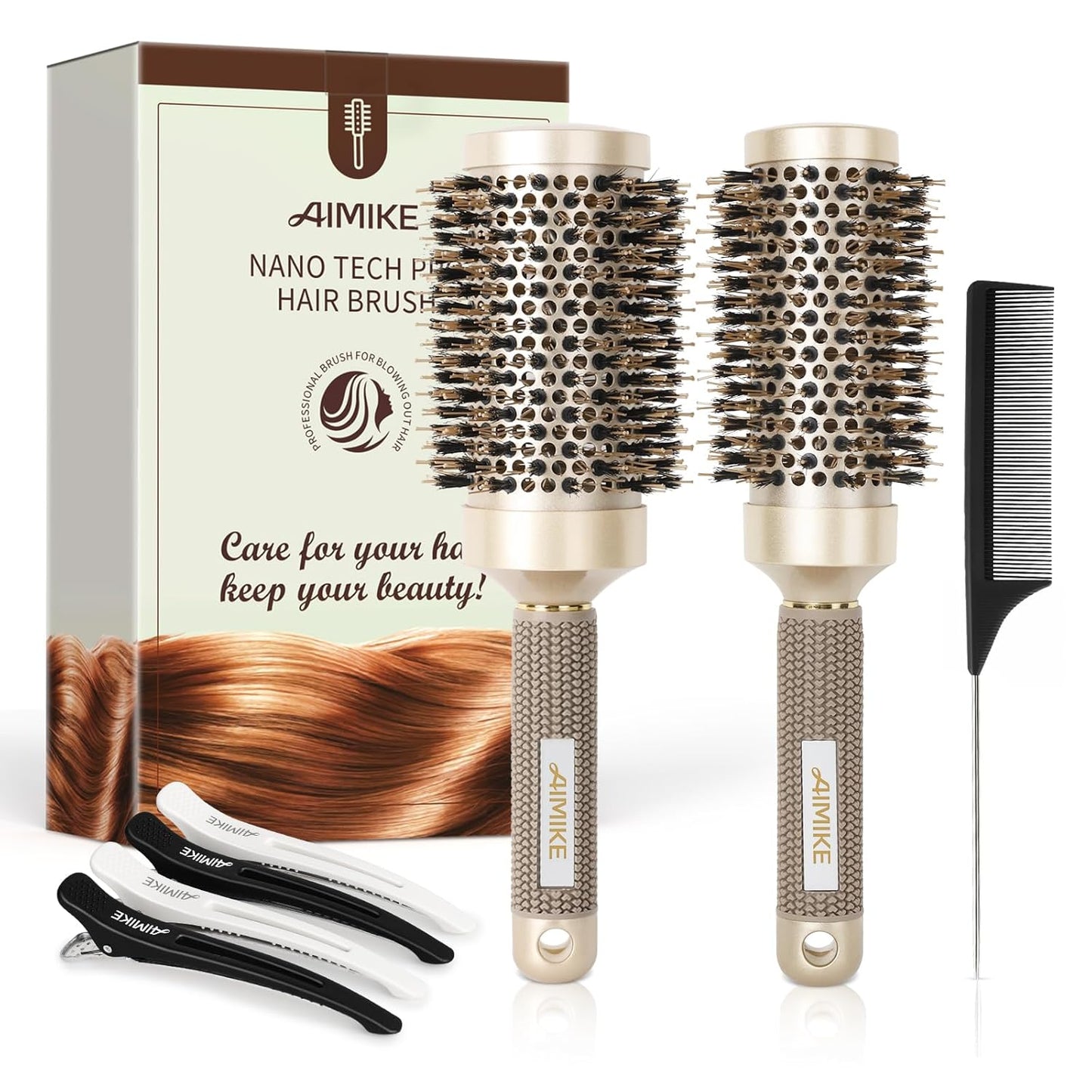 AIMIKE Hair Brush Set - Nano Thermal Ceramic Round Brush with Boar Bristles for Blow Drying | Includes Tail Comb & Hair Clips