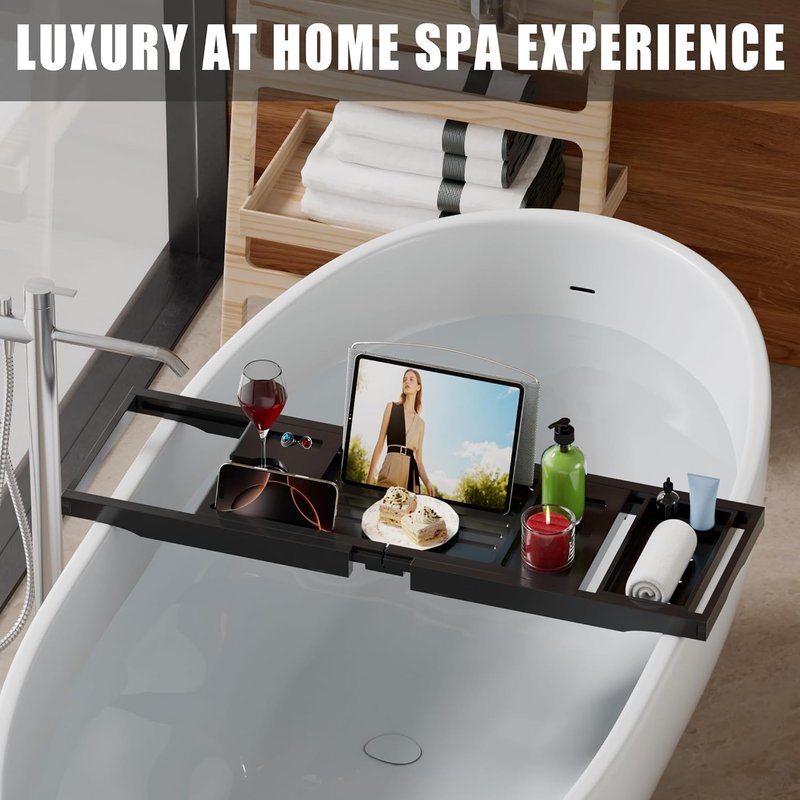 Foldable Bathtub Caddy Tray - Bamboo Expandable Bath Table for Relaxing Soaks | Black