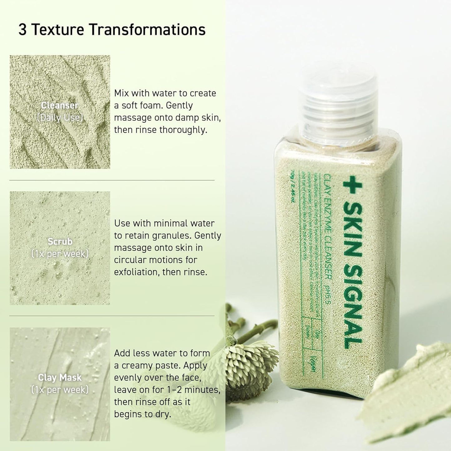 SKIN SIGNAL Green Clay Enzyme Cleanser, Whitehead Remover Powder Cleanser, Deep Pore Cleansing with PHA, Gentle Exfoliating Face Wash, Facial Scrub for Blemish-Prone Skin, Korean Skin Care