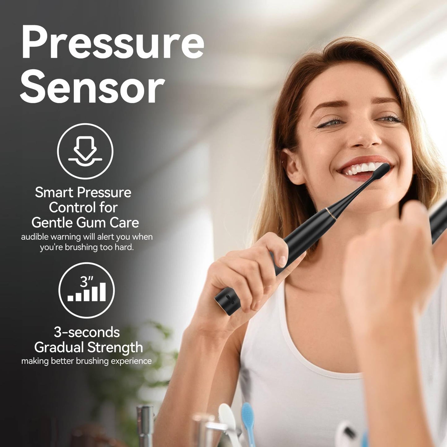 SEAGO Electric Toothbrush for Adults with Pressure Sensor, Sonic Toothbrushes Holder wall Mounted, 30 Days Battery Life, 5 Cleaning Modes, 8 Replacement Heads, Timer & IPX7 Waterproof (Black, Middle)
