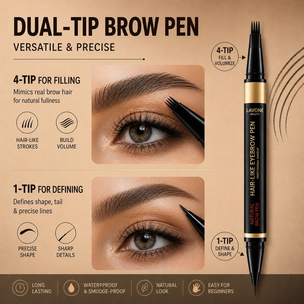 LAVONE Eyebrow Makeup Kit, Waterproof Eyebrow Pen, Brow Wax and Eyeliner Set with Dual-Ended Brow Brush for Naturally Fuller Brows, Smudge-Proof (Dark Brown)