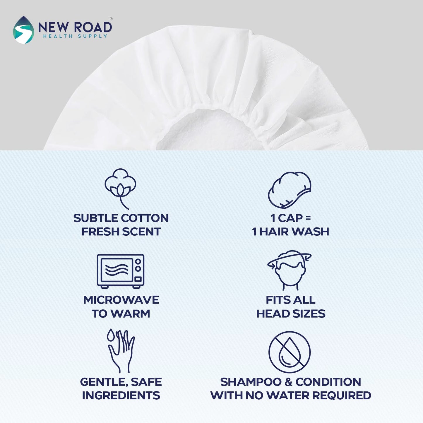 New Road Health Supply Rinse-Free Shampoo Cap, No Water Needed, Cleans and Conditions Hair, pH Balanced & Hypoallergenic, Waterless Shampoo Cap for Adults, Elderly & Caregivers, 12 Pack