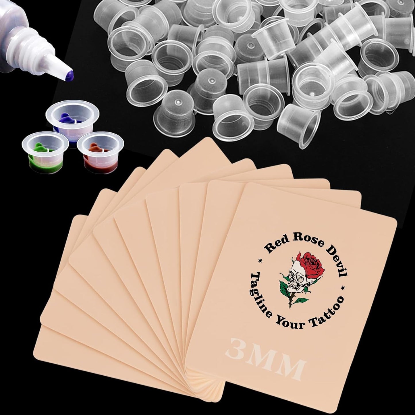 3MM Tattoo Fake Skin - 510Pcs Practice Skin with 10 Ink Cups & 500 Medium Caps
