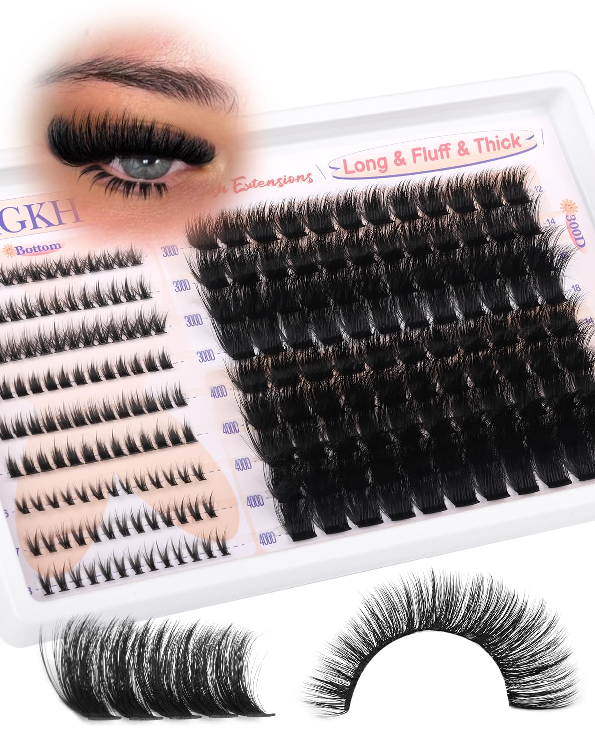 Thick Lash Clusters 300D+400D Volume Eyelash Clusters 12-22mm Long Fluff Cluster Eyelash Extensions Mega Full DIY Salon-look Wispy Lash Extension with Bottom Lashes 5 Styles 220Pcs