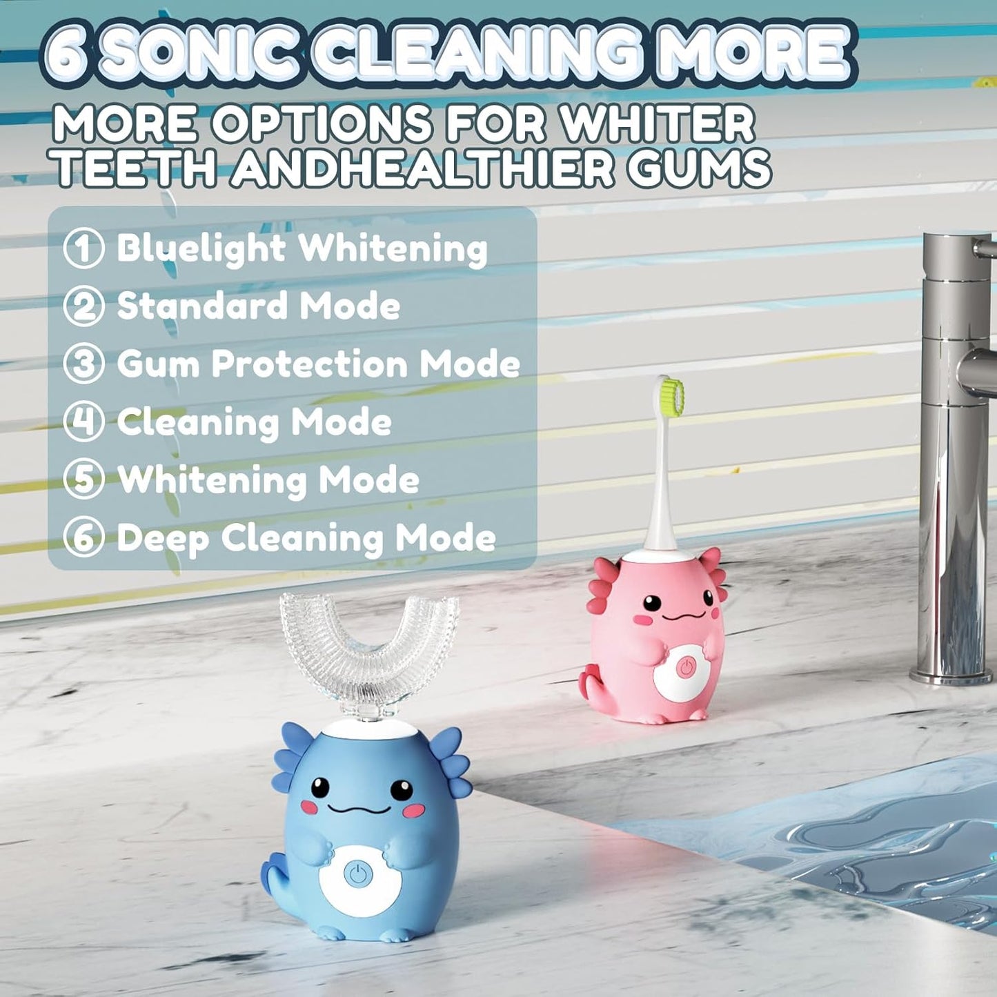 Kids Electric U-Shaped Toothbrush - Cartoon Axolotl Sonic Brush with 6 Heads & 6 Modes | Age 2-15, Pink