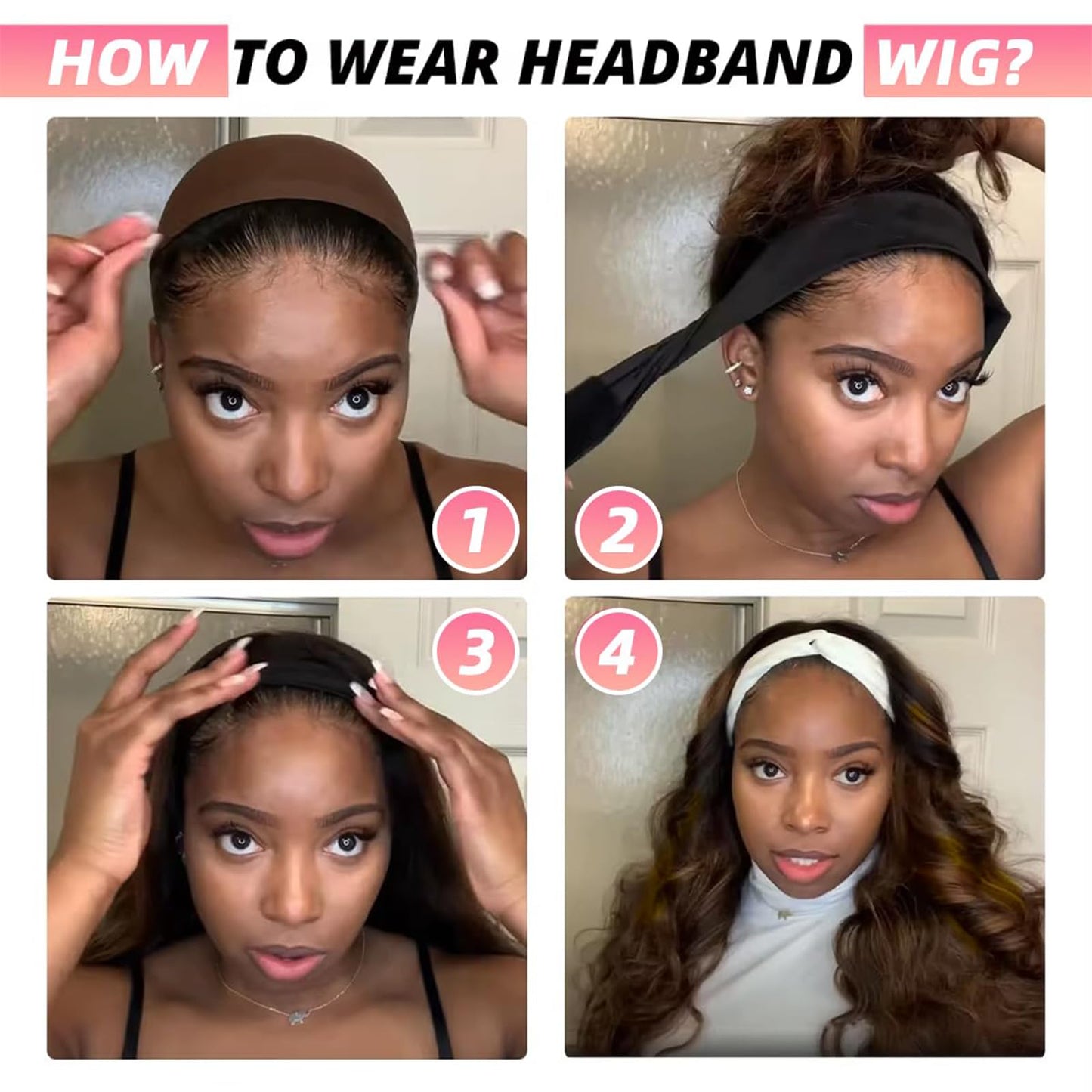 Hertune Highlight Ombre Headband Wig Human Hair 4/27 Highlight Body Wave Wigs Human Hair for Black Women Wear and Go Glueless None Lace Front Wigs Brazilian Virgin Headband Wig Human Hair 12 Inch