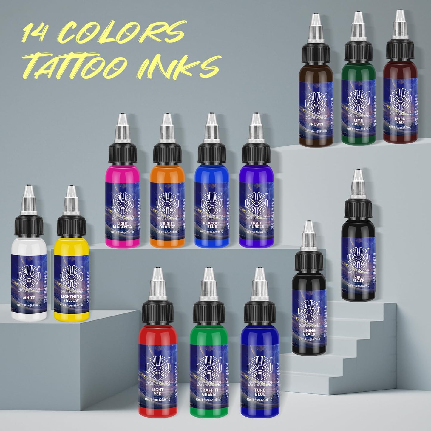 ATOMUS Tattoo Ink Kit Tattoo Pigment Set Natural Plant Tattoo Ink Pigment Permanent Makeup Tattoos Pigment(14 Colors 1 oz)
