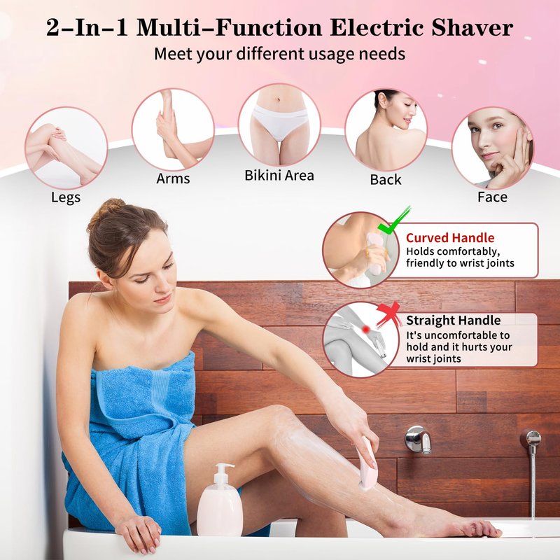 Electric Shaver for Women, Silk Glide Pro Shaver, 2 in 1 Wet & Dry Waterproof Electric Razors with Removable Head, Bikini Trimmer for Women for Leg Arm Underarm Bikini Area (Pink)