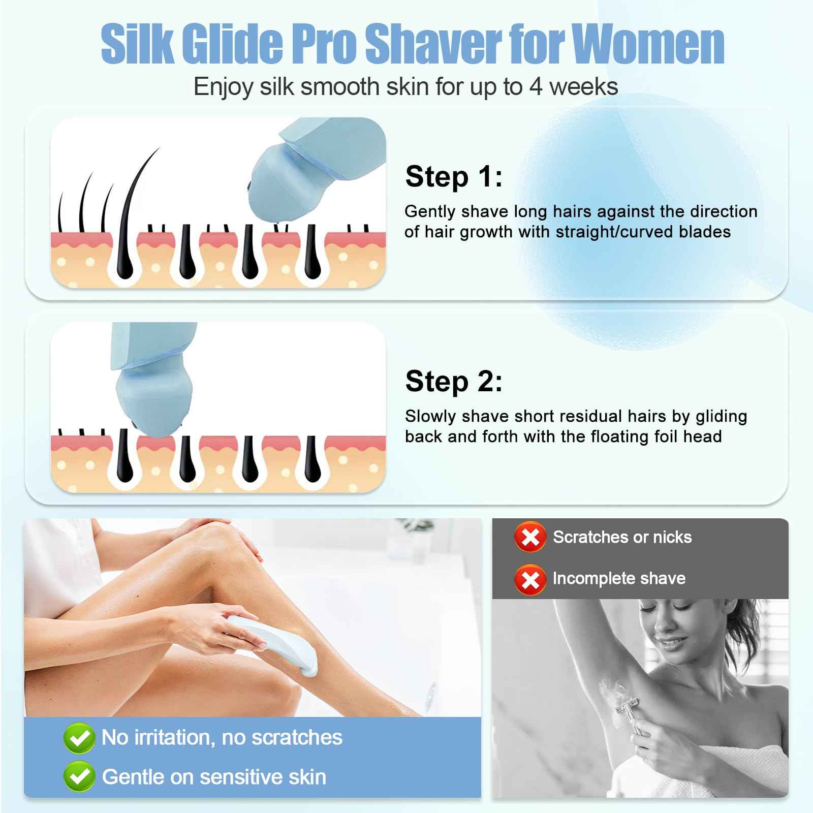 Livora Electric Shaver for Women, 2 in 1 Glide Pro 3.0 Razor, Silk Glide Pro Shaver 2 with Removable Head, Wet & Dry Waterproof, Rechargeable Cordless for Bikini, Leg, Arm, Underarm, Body (Blue)