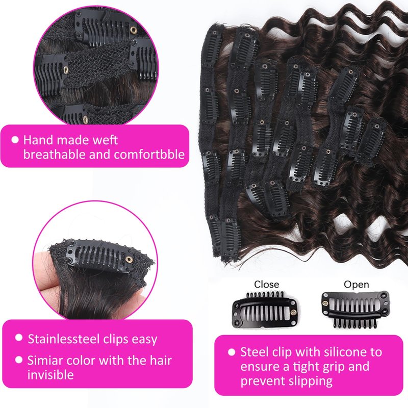 Curly Clip in Hair Extensions Real Human Hair 16inch 100g Invisible & Seamless 100% Brazilian Remy Human Extension Deep Wave Clip ins Extensions Double Weft 8 PCS with 20 Clips #2 Dark Brown