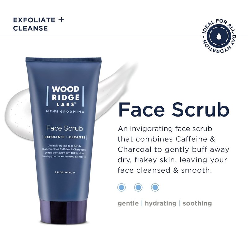 Men's Grooming Caffeine & Charcoal Daily Face Scrub - Exfoliate & Cleanse | Gentle for Sensitive Skin, Paraben-Free (6 oz)