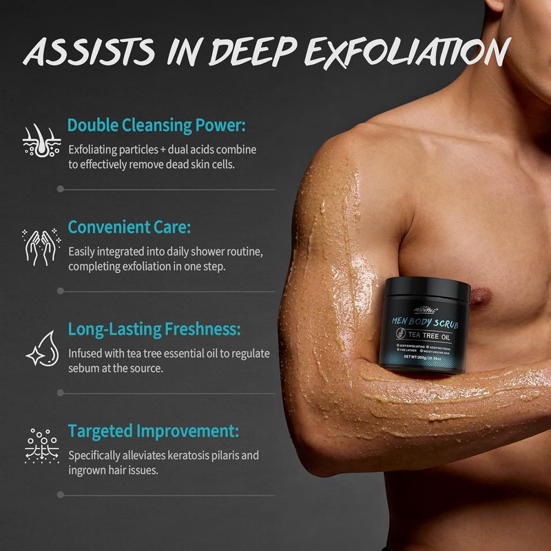 Men's Tea Tree Oil Body Scrub - Exfoliating Skin Treatment for Odor Control | 2% BHA & 10% AHA Formula
