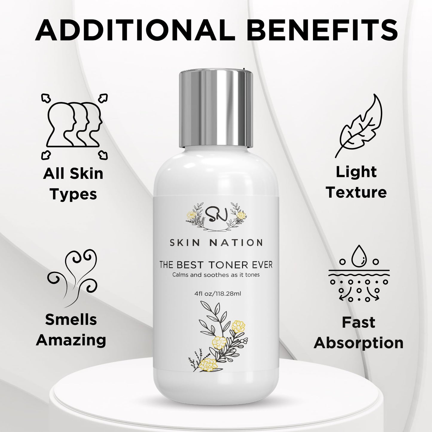 Skin Nation Hydrating Gentle Rosewater Toner with Aloe Vera and Chamomile, Alcohol-Free and Paraben-Free, for Dry, Sensitive, Oily and Combination Skin, 4 fl oz