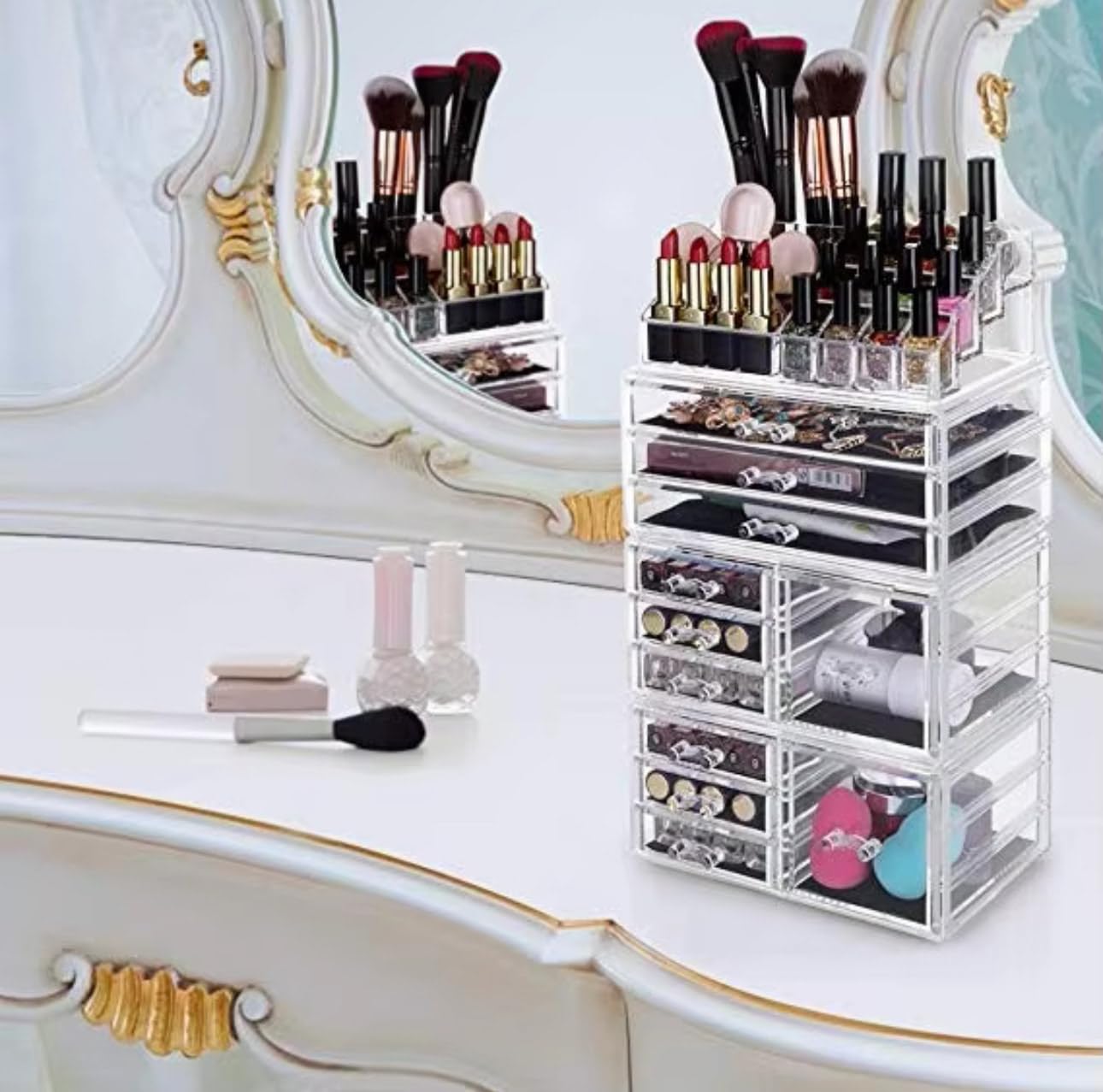 Banvikon Acrylic 4 Pack Makeup Organizer with 11 Drawers, Clear, Stackable Cosmetic Organizer For Lipstick, Jewelry and Makeup Brushes, Beauty Storage With Drawers For Dresser And Bathroom.
