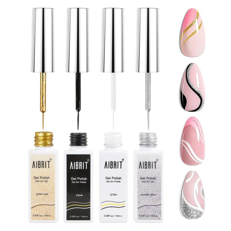 Gel Liner Art Polish Set - 4 Colors Black, White, Gold, Silver | 10ml Bottles for DIY Nail Art & French Tips