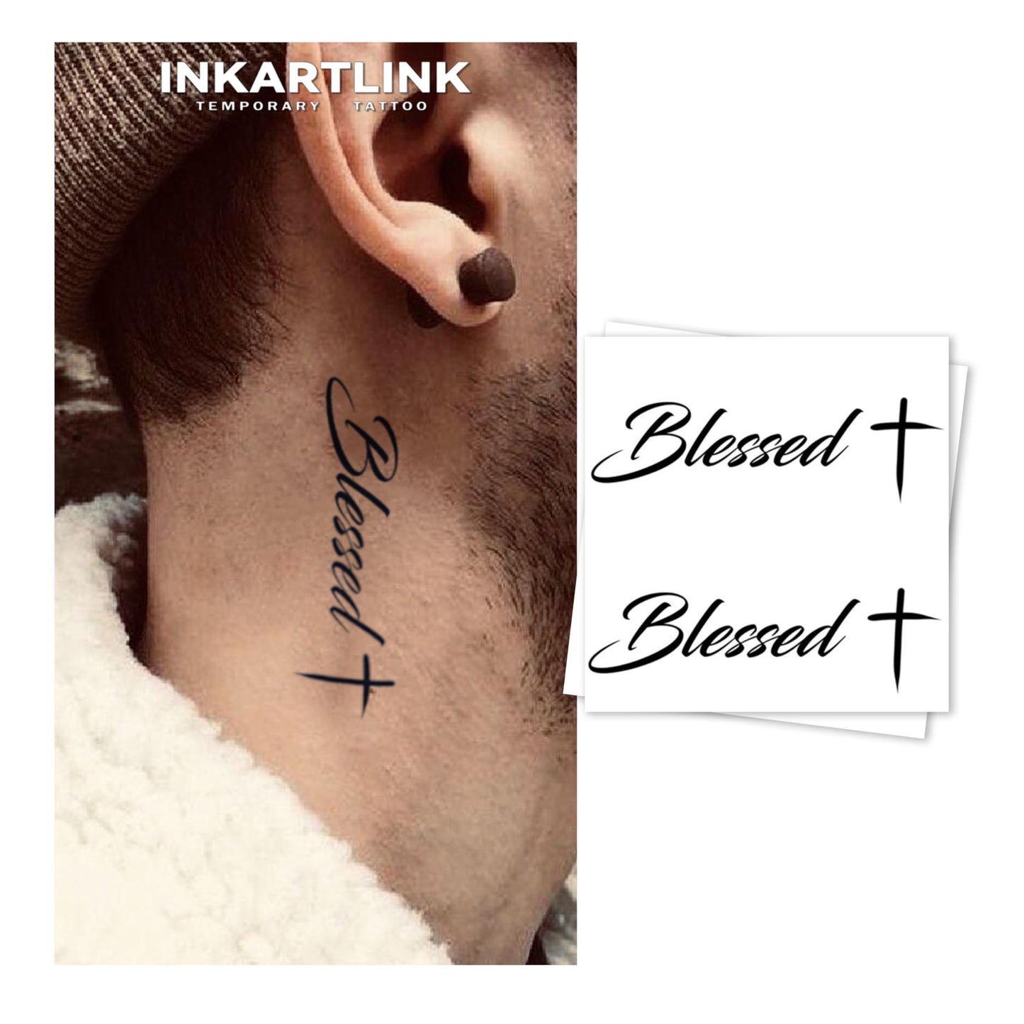 INKARTLINK Tattoo Tech, 3 Sheets Medium Semi Permanent Tattoo, Adult Art Design Temporary Tattoos, Lasts 1-2 Weeks, Waterproof, Realistic Look, No Reflection (Blessed)