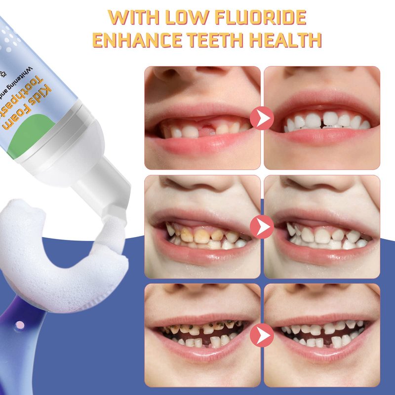 Foam Toothpaste Kids, Toddler Toothpaste with Low Fluoride, Kids Toothpaste for U Shaped & Electric Toothbrush, Foam Toothpaste for Children Ages 3 Plus (4PCS, Strawberry+Orange+Watermelon+Blueberry)