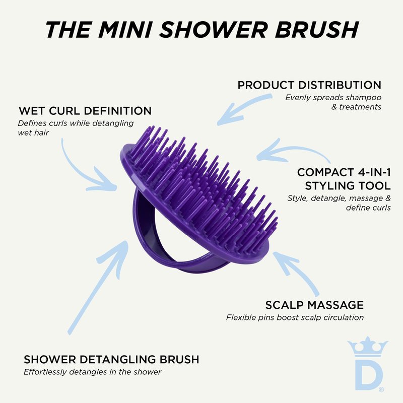 Denman Mini Shower Hair Brush for Wet Hair Detangling & Scalp Massage- for Wet Curl Definition & Product Distribution - 4 in 1 Shower Brush for Women, Men