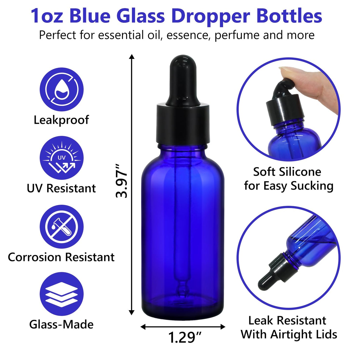 KEYWING 60 Pack 1oz Eye Dropper Bottles – 30ml Leakproof Blue Glass Bottles for Essential Oils, Tinctures, Hair Oil, Travel Liquids