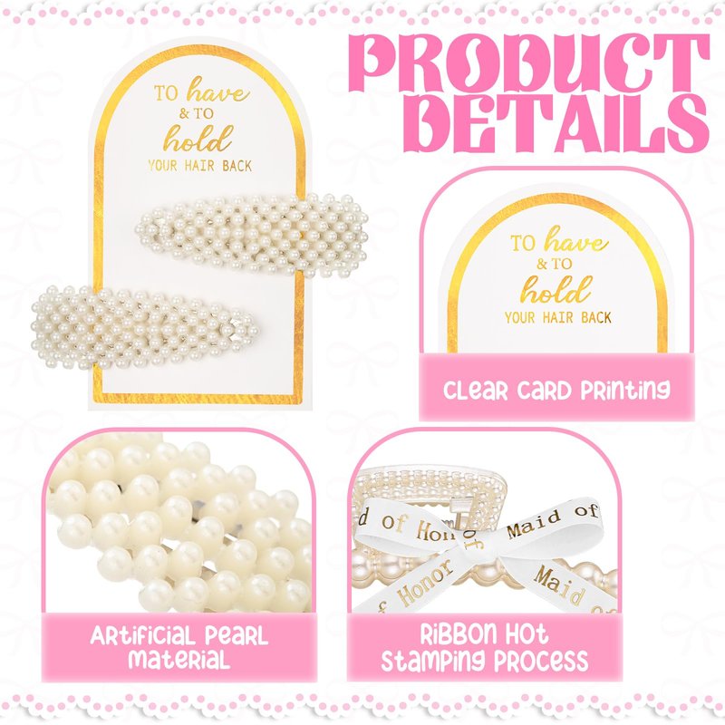 Highergo Bridesmaid Proposal Gifts 8 Pack Pearl Bridesmaid Hair Claw Clips with 3 Rolls Ribbon 8 Pack Pearl Hair Clips to Have & to Hold Your Hair Back Wedding Bridesmaids Hair Accessories Gifts