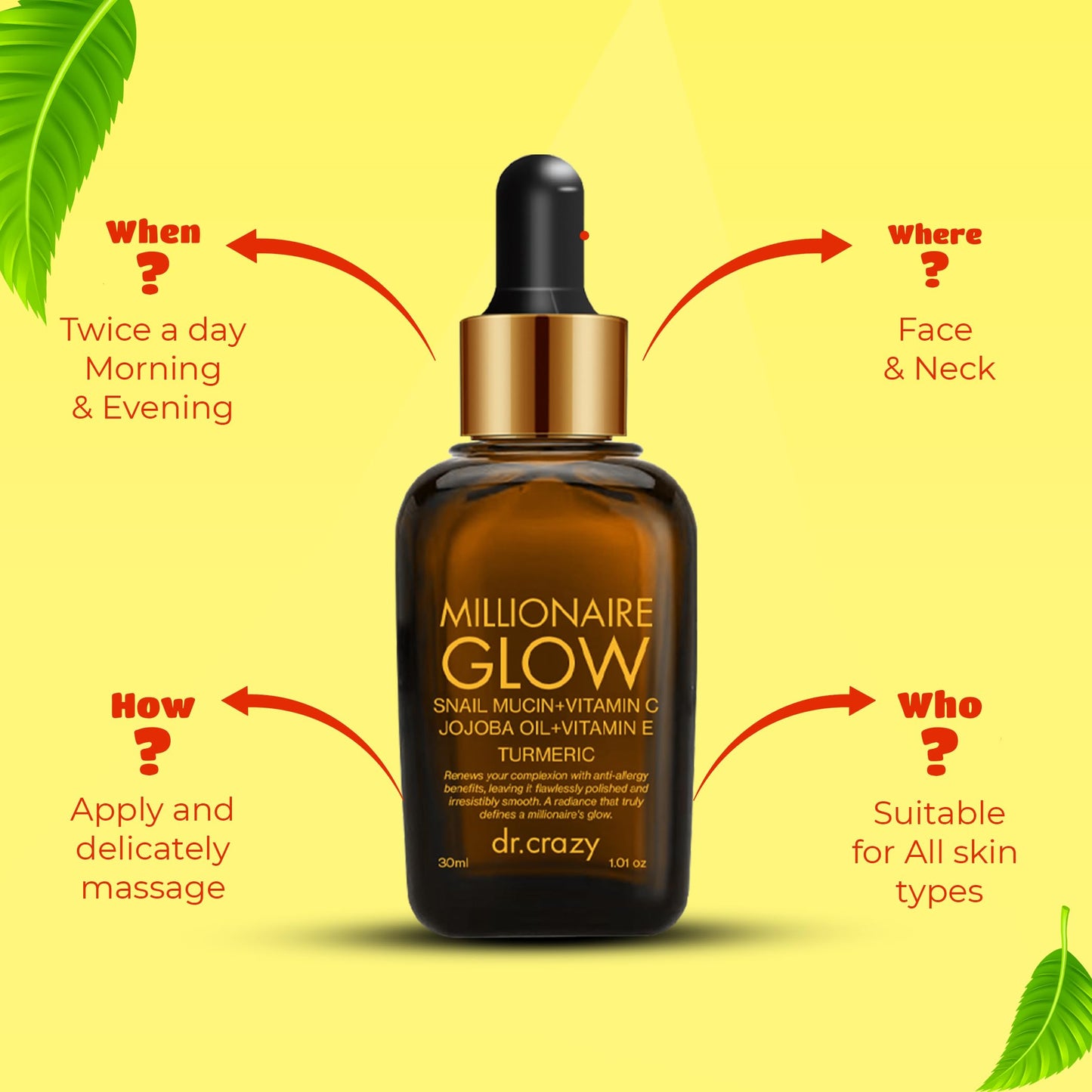 Dr. Crazy Millionaire Glow Vitamin C Serum for Face - Hydrating Glow Up Serum With Turmeric, Niacinamide, Hyaluronic Acid, Snail Mucin & Vitamin E - Fades Dark Spots & Evens Skin Tone – 30ml
