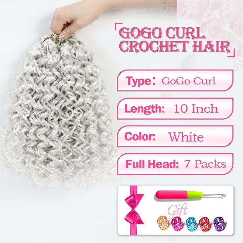 Gogo Curl Crochet Hair 10 Inch Short Curly Crochet Hair for Black Women Beach Curl Water Wave Curly Crochet Braids Hair, Deep Wave Synthetic Braiding Hair Extensions (10 inch 7 Packs White)