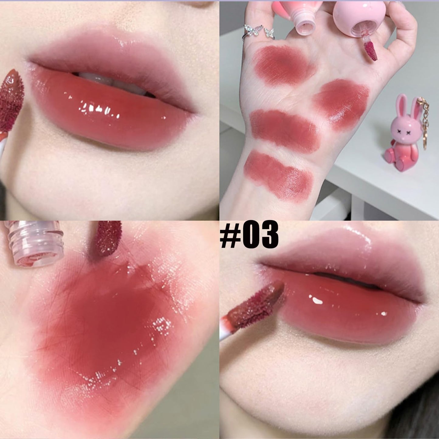 Bekoeen 3Psc Rabbit Key chain Jelly Lip Glaze,Moisturising Crystal Keychain 2 in 1Lip Glow Gel,Sparkling Lipgloss Liquid Lipstick Set, Hydrating Sweet Lip Gloss Set