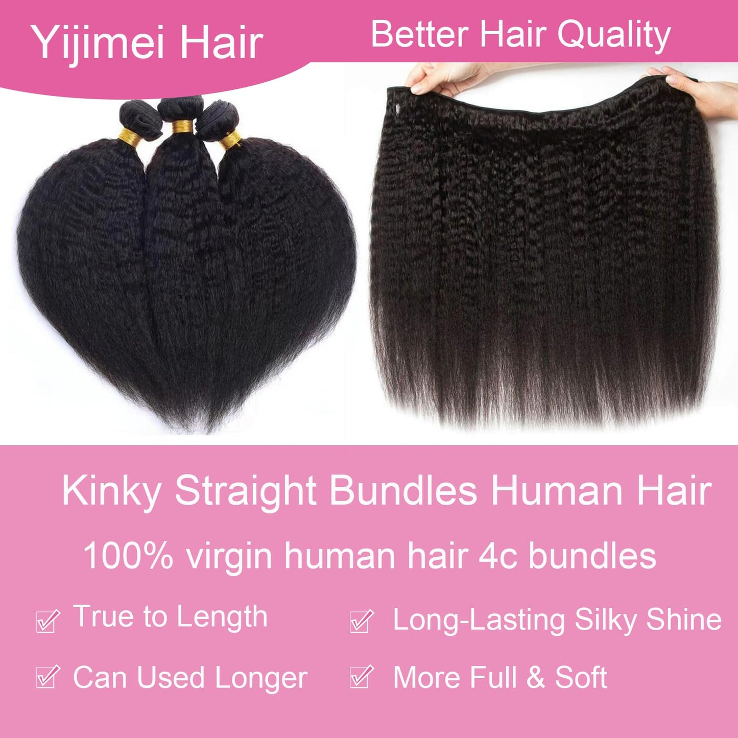 Yijimei Kinky Straight Human Hair Bundles Yaki Straight Human Braiding Hair 100g 22 Inch Human Hair Bundle 100% Unprocessed Brazilian Virgin Hair Natural Black