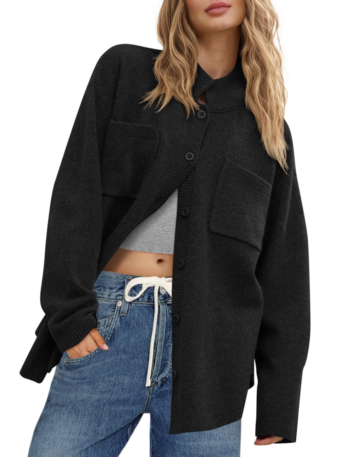 Saodimallsu Womens Collared Cardigans Button Down Fall Sweater Jackets Oversized Casual Long Sleeve Knit Shirts