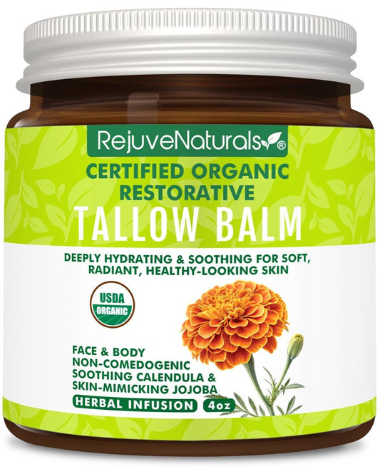 RejuveNaturals USDA Certified Organic Beef Tallow Balm, Large 4oz Glass Jar – Grass Fed & Finished Tallow with Beeswax & Jojoba Oil – Solid, Non-Comedogenic (Herbal Infusion (Unscented))