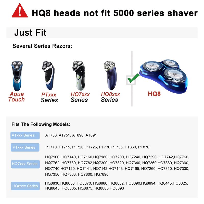 HQ8 Replacement Heads Compatible with Philips Norelco Aquatec Shavers, Blades for Philips Norelco PT720 AT880 AT810 Razor, 6-pc Pack
