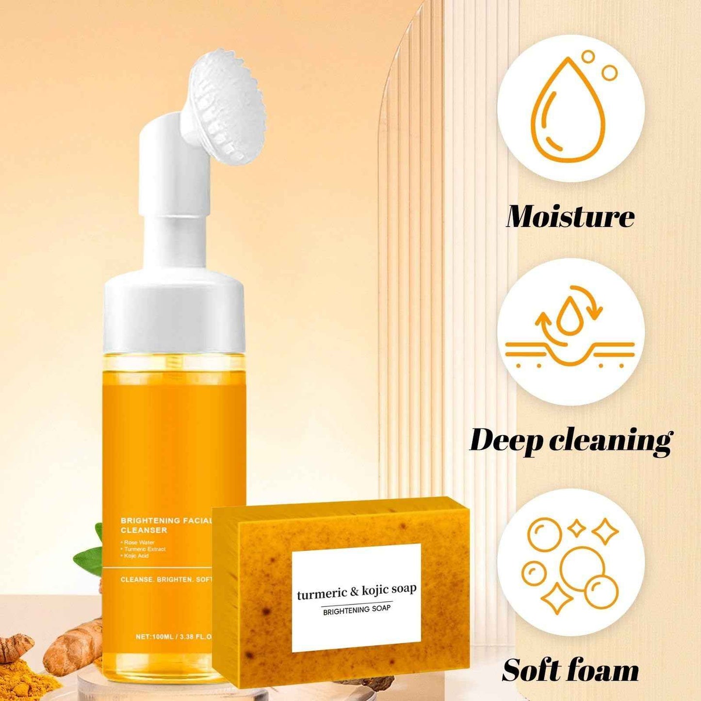 4PCS Turmeric Wash And Cleaning Care three piece kit,Tuemeric Facial Cleanser & Turmeric Soap Bar & Turmeric Face Scrub Pads, Cleansing Skincare Set,Turmeric Cleansing Skincare Set, Deep Cleansing