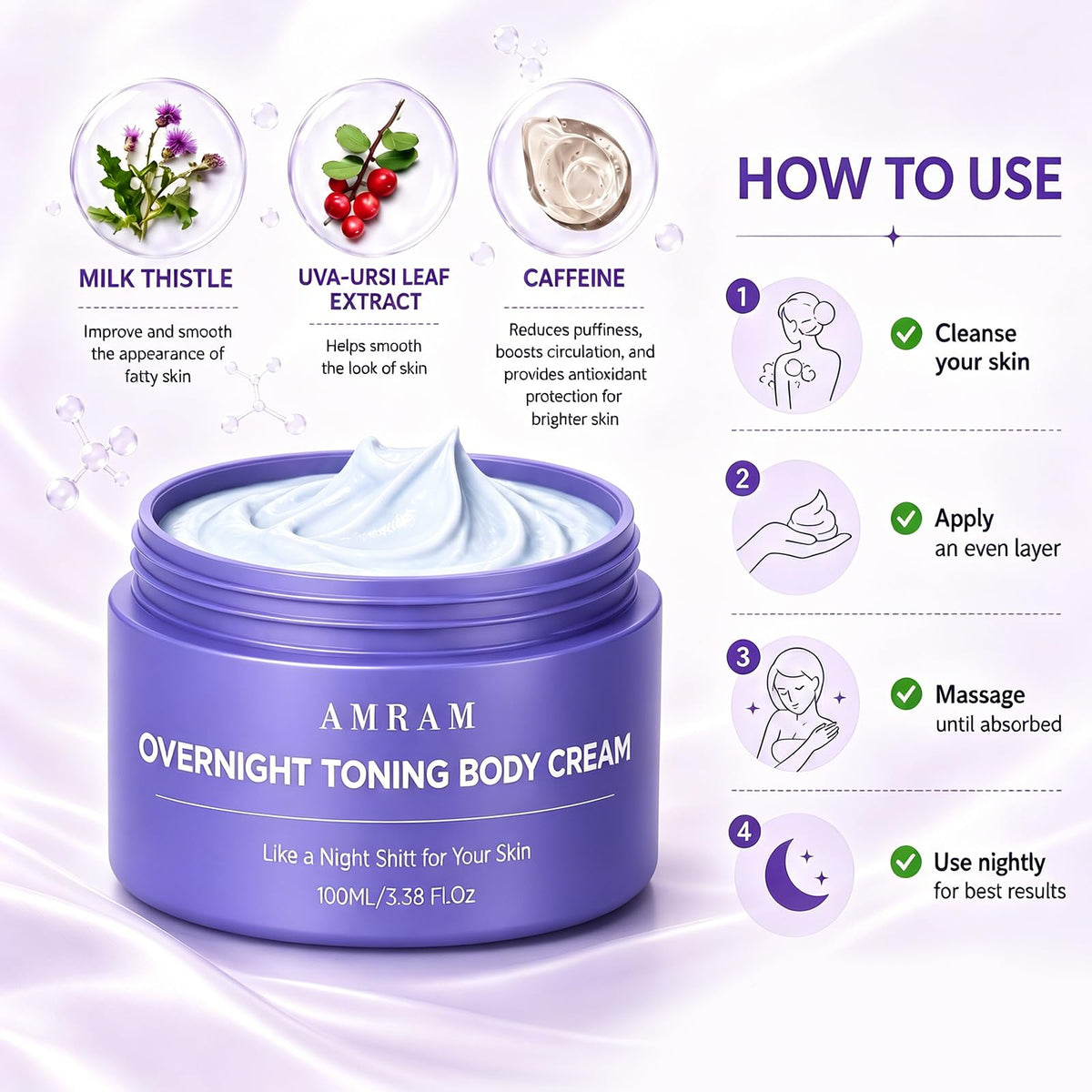 AMRAM Overnight Toning Whip, Skin Tightening, Body Firming Whip That Works While You Sleep, Firming Cream For Loose Skin On The Body(3.38 Fl.Oz)
