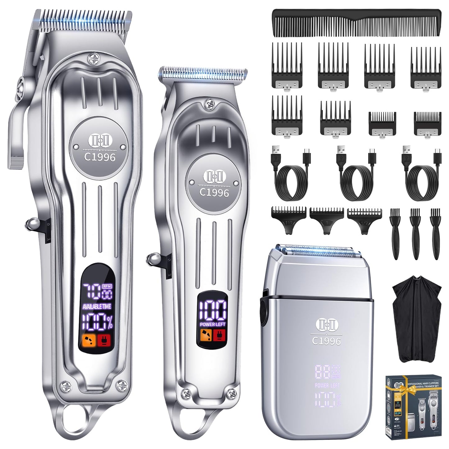 CIICII Hair Clippers for Men Professional, Cordless Barber Clippers for Hair Cutting (12Pcs Rechargeable USB Adjustable LCD Display Hair Beard Grooming Trimming Haircut Kit) for DIY Home Barber Salon