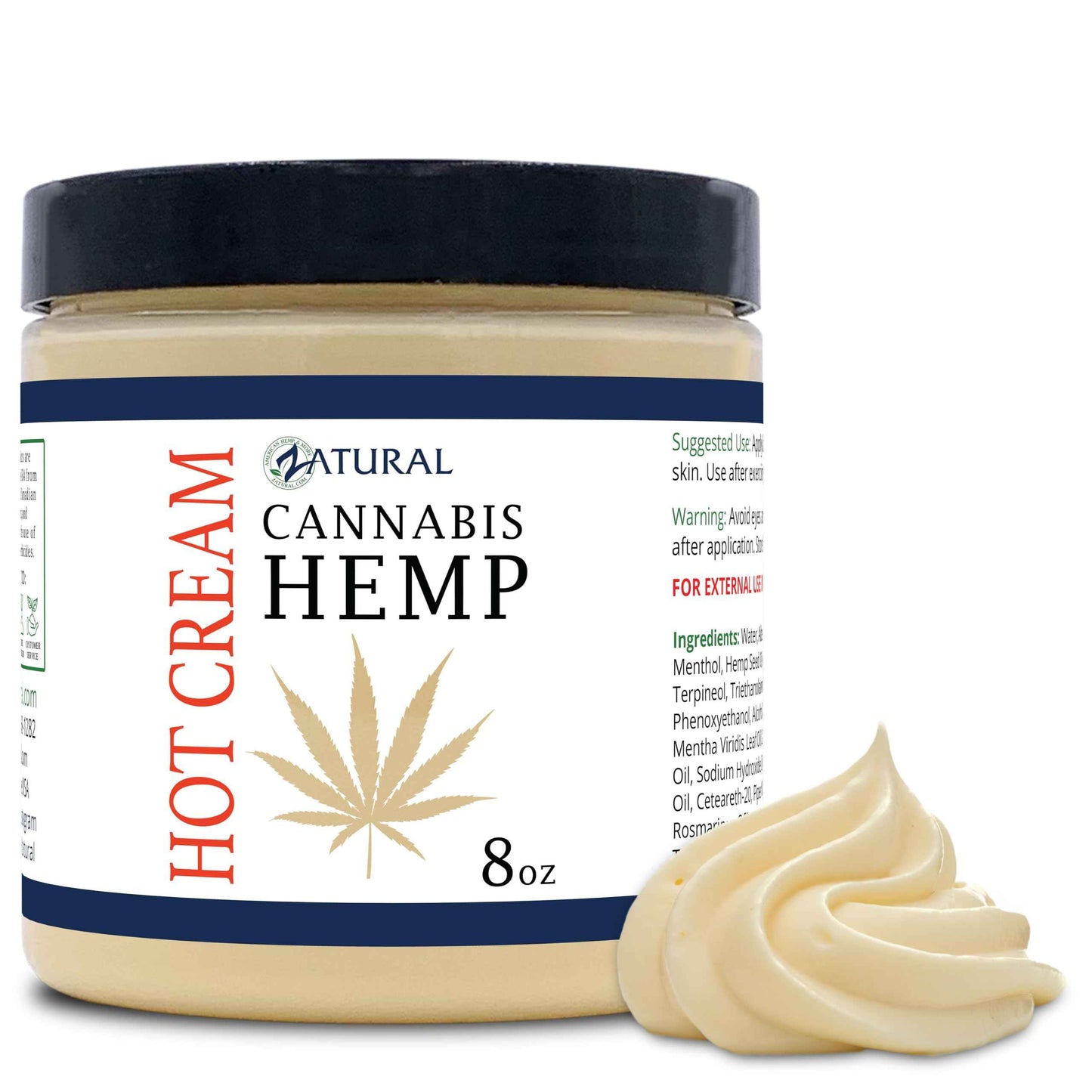Zatural Hemp Hot Cream Massage Joints and Muscles and Body Wraps Essential Oil Blend, Aloe, Hemp, and More (8oz jar)