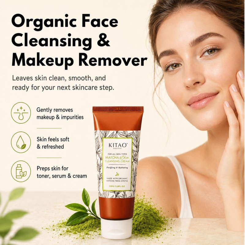 KITAO Organic Moisturizing Oil & Makeup Remover for Dry, Oily & Sensitive Skin Women & Men, Hydrating Cleansing Cream with Natural Matcha& Chia& Antioxidant for Eyes, Face, Lip from Japan, 3.8 Fl Oz