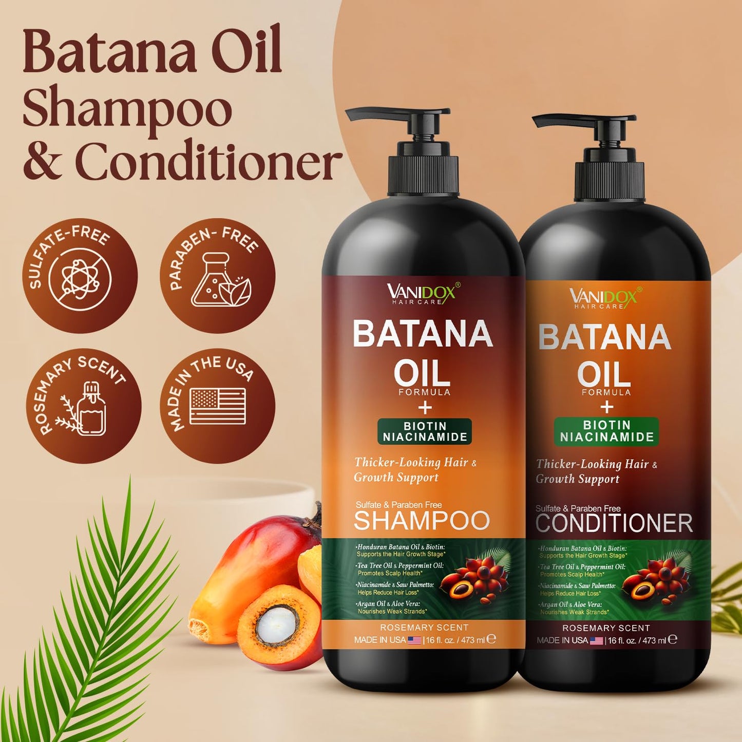 VANIDOX Batana Oil Shampoo and Conditioner Set – Biotin & Niacinamide Infused – Sulfate-Free, Paraben-Free – Moisturizing & Strengthening Hair Care for All Hair Types – 2 x 16 fl oz