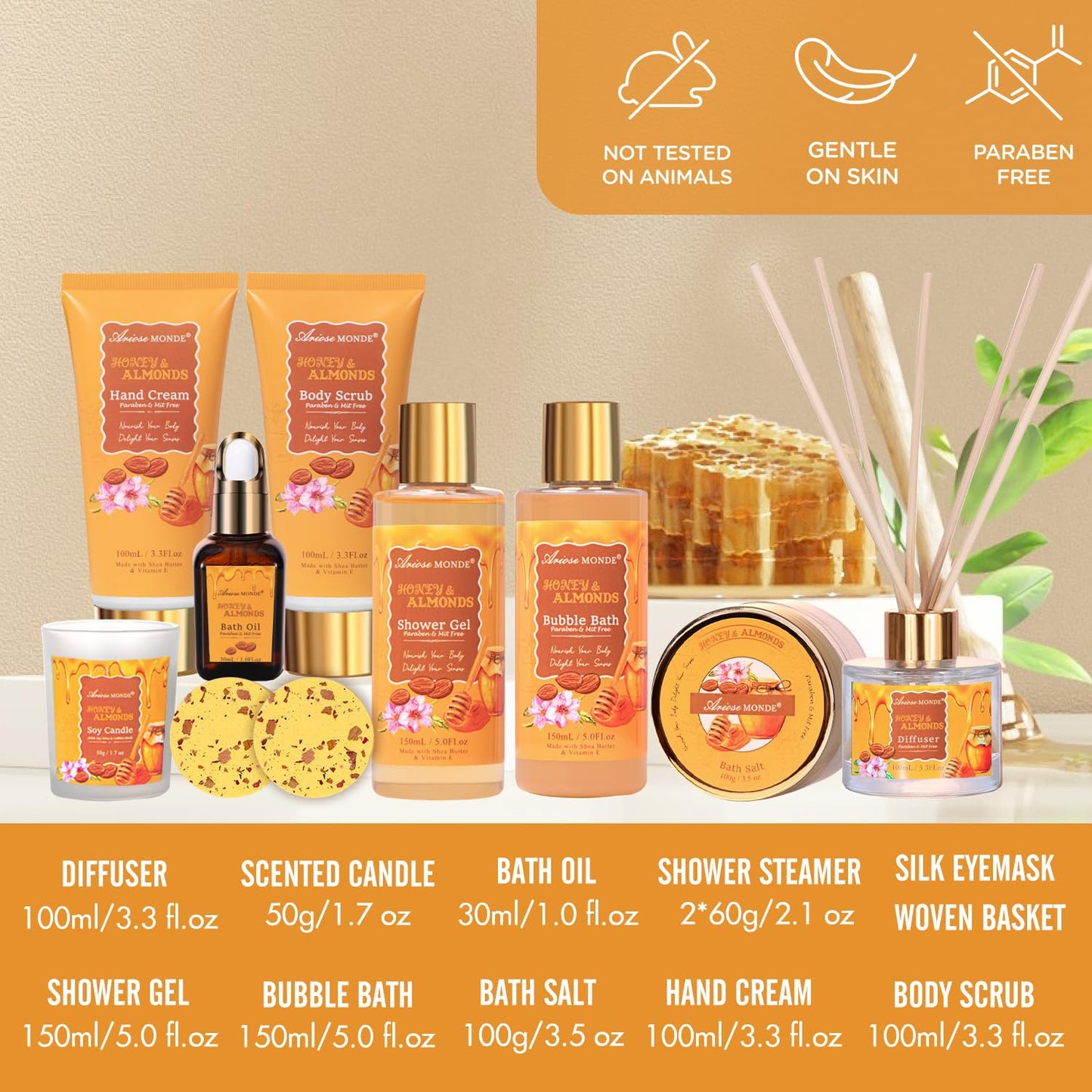 Gift Baskets for Women, Bath and Body Gift Set for her with 13pcs Honey Almond Scented Spa Gifts for Women, Bath Sets Includes Scented Candle, Shower Steamer, Bubble Bath, Bath Salt. Mothers Day Gifts