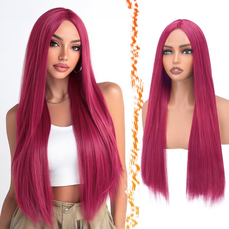 BARSDAR Long Straight Hot Pink Wig - Long Straight Middle Part Hot Pink Wigs for Women - 28 Inch Natural Looking Thick Soft Synthetic Daily Party Halloween Kpop Mira Costume Wig