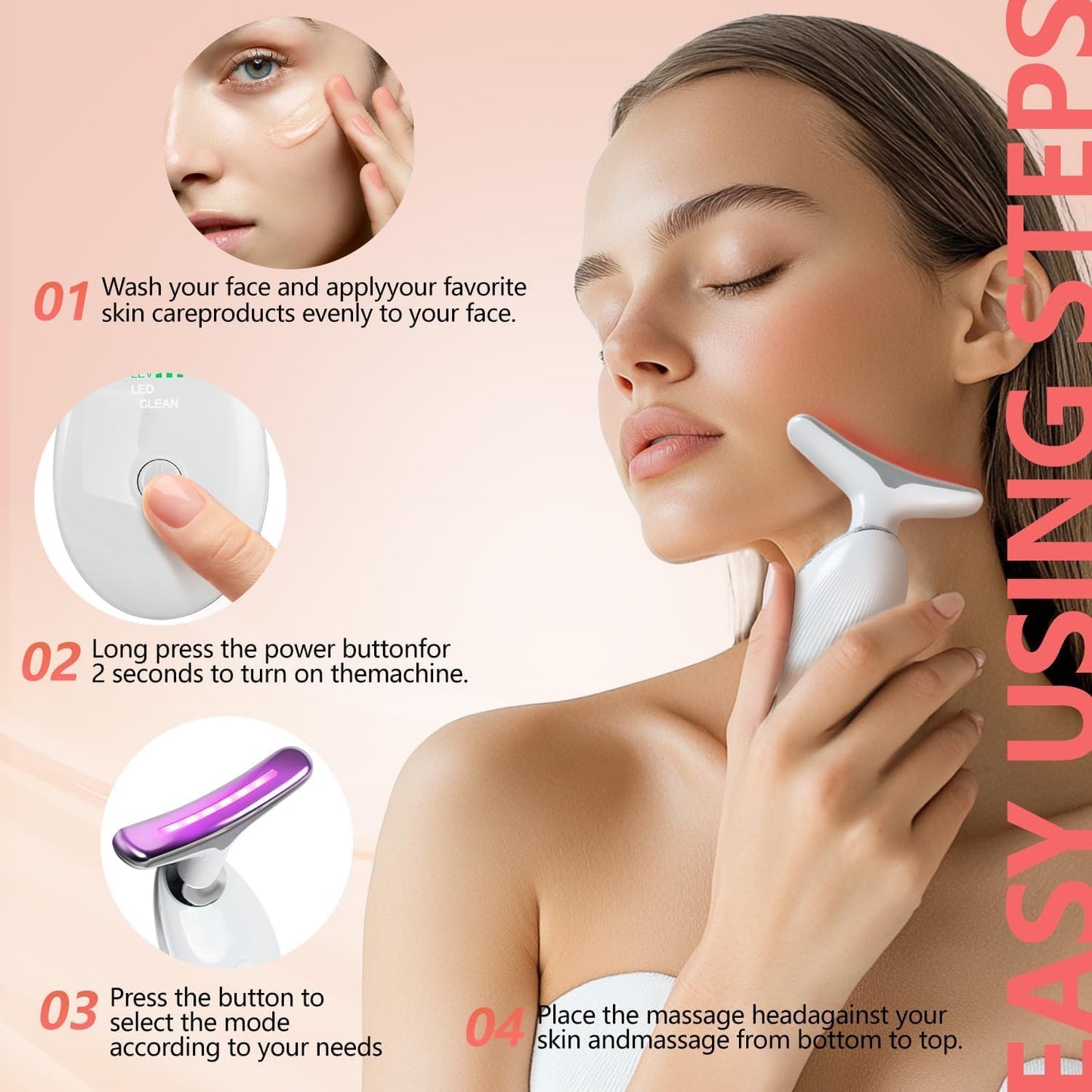 Face and Neck Massager Tool - 7-Color LED Skin Care Device for Rejuvenation, Lifting & Toning | White