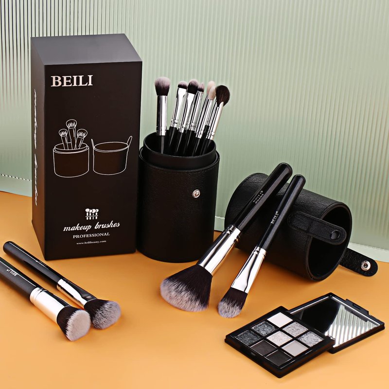 BEILI Makeup Brushes Set - 12 Premium Synthetic Kabuki Brushes for Full Face Makeup | Gift Box Included (Black)