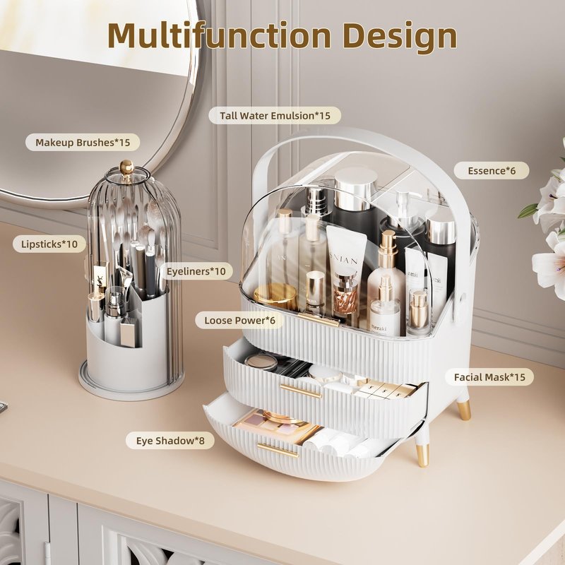 fanado Makeup Organizers Countertop, Makeup organization for Vanity, Cosmetic Storage with Lid and Drawers, Skincare Display Cases with for Desktop, Bathroom (Green)