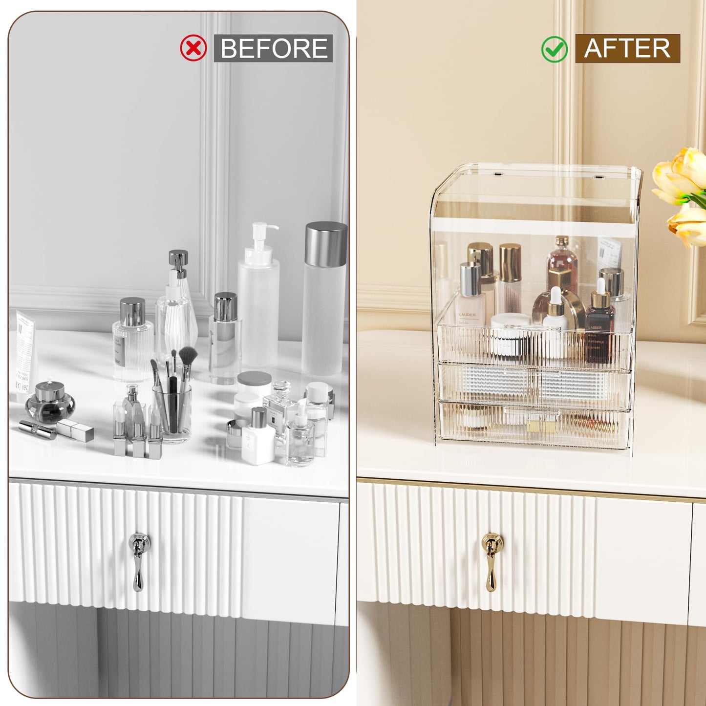 GearFusion 3 Tier Clear Cosmetic Organizer, Makeup Display Case with Lid & Drawers, Countertop Dresser Vanity Storage Box, Beauty Holder for Skincare Lipstick Brush