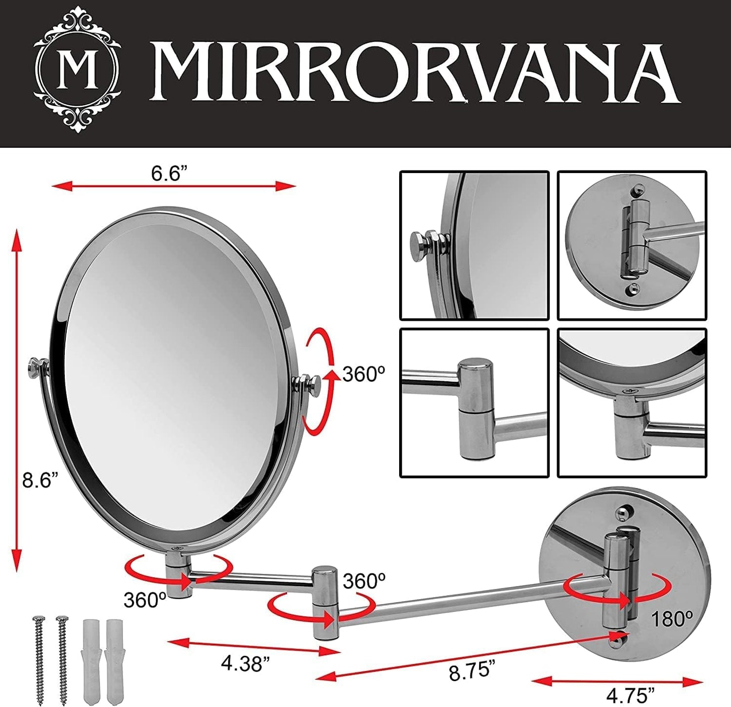 Wall Mounted Bathroom Makeup & Shaving Mirror, Double Sided 5X & 1X Magnification, 13-Inch Extension Swivel Arm, Oval 6.6" x 8.6" Glass Area, Chrome